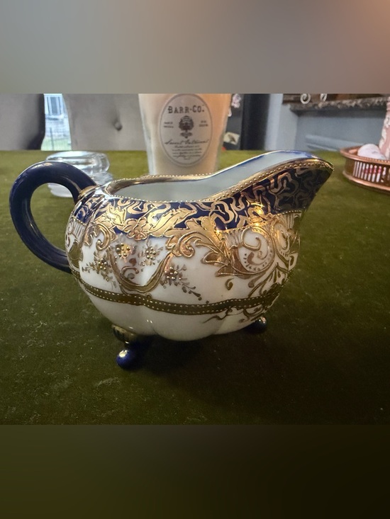 Nippon Other - Blue and Gold Porcelain Creamer with Ornate Filigree